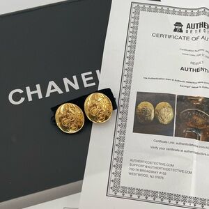 CHANEL Gold Embossed Disc Clip On Earrings Circa 1993 Excellent Condition w/COA